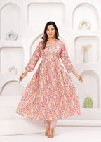 Floral Printed Muslin Alia Cut Suit Set with Pale Copper Chiffon Dupatta