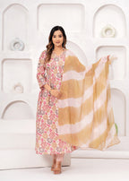 Floral Printed Muslin Alia Cut Suit Set with Pale Copper Chiffon Dupatta