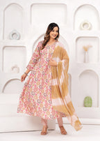 Floral Printed Muslin Alia Cut Suit Set with Pale Copper Chiffon Dupatta