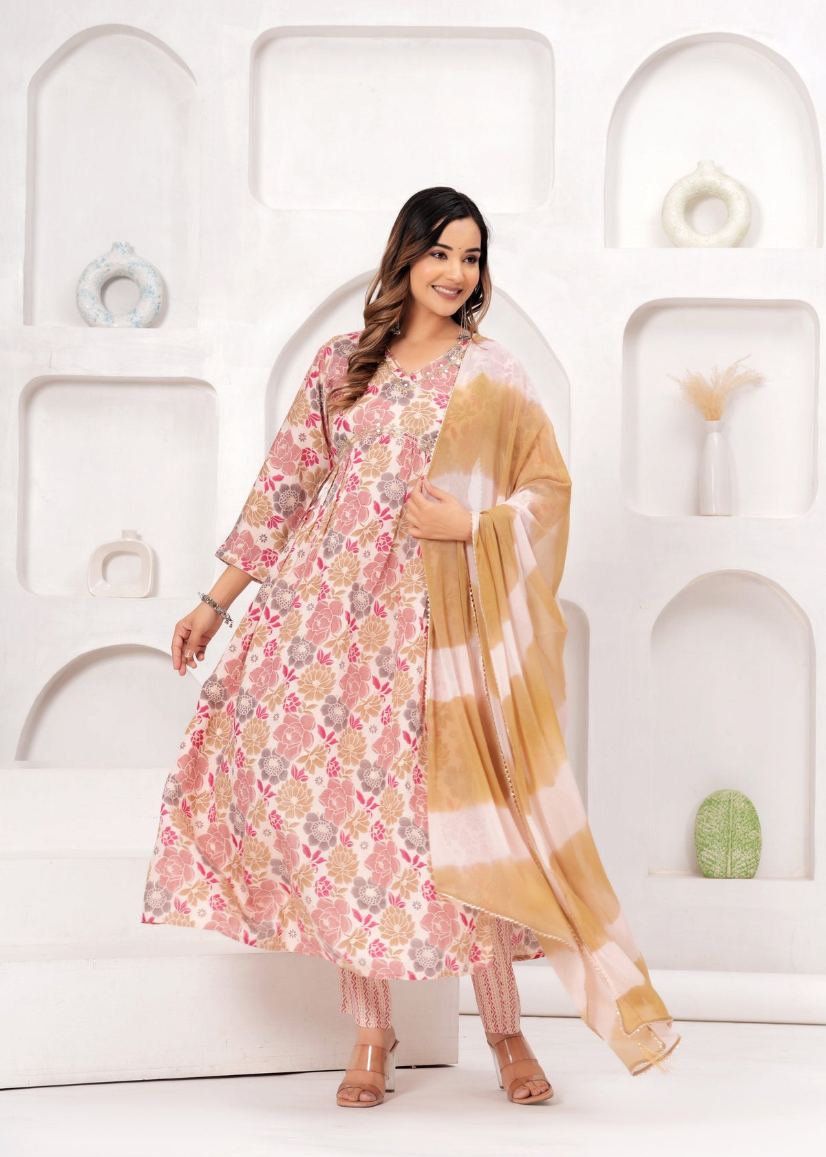Floral Printed Muslin Alia Cut Suit Set with Pale Copper Chiffon Dupatta