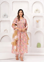 Floral Printed Muslin Alia Cut Suit Set with Pale Copper Chiffon Dupatta