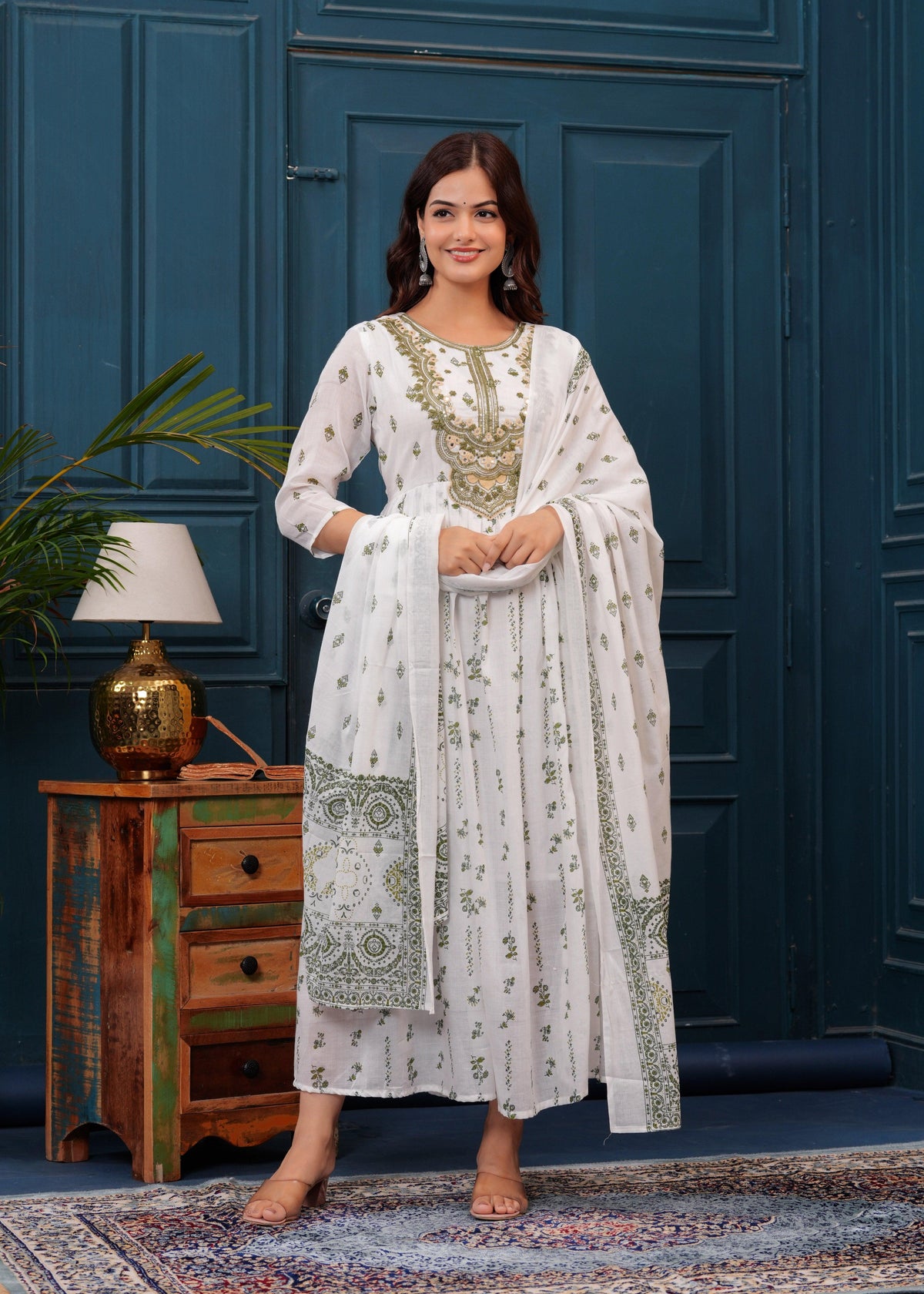 White Green Embroidered Mulmul Anarkali Gown with Dupatta