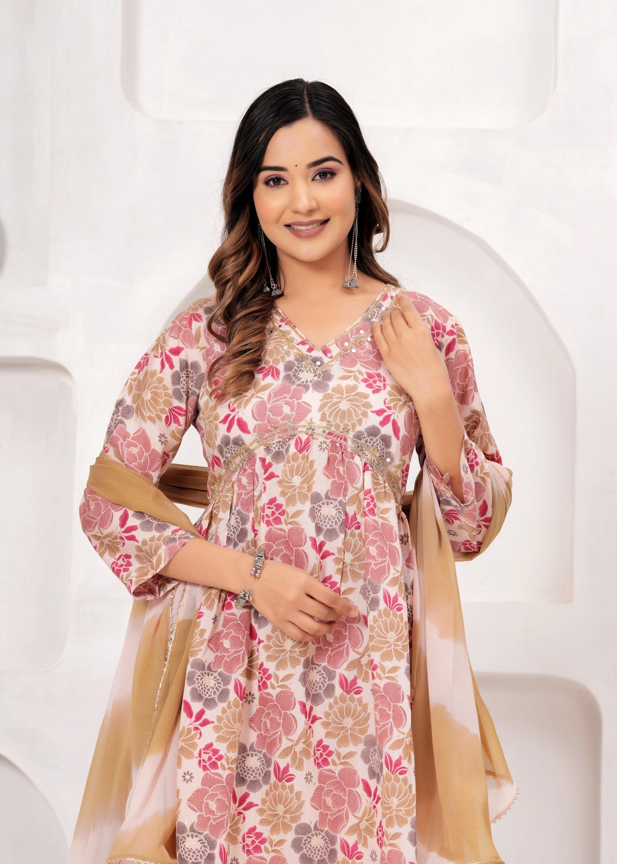 Floral Printed Muslin Alia Cut Suit Set with Pale Copper Chiffon Dupatta