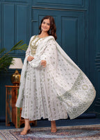 White Green Embroidered Mulmul Anarkali Gown with Dupatta