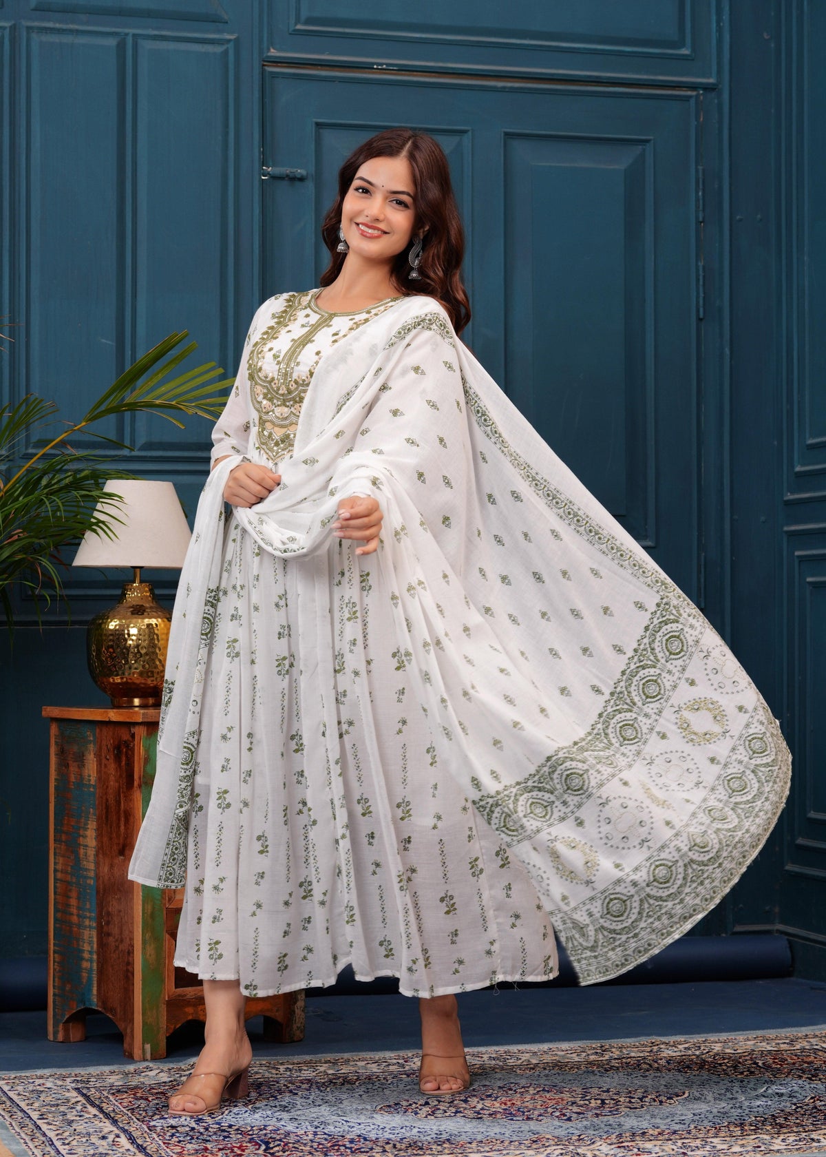 White Green Embroidered Mulmul Anarkali Gown with Dupatta