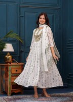 White Green Embroidered Mulmul Anarkali Gown with Dupatta
