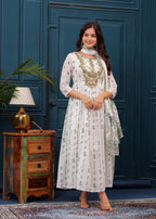 White Green Embroidered Mulmul Anarkali Gown with Dupatta