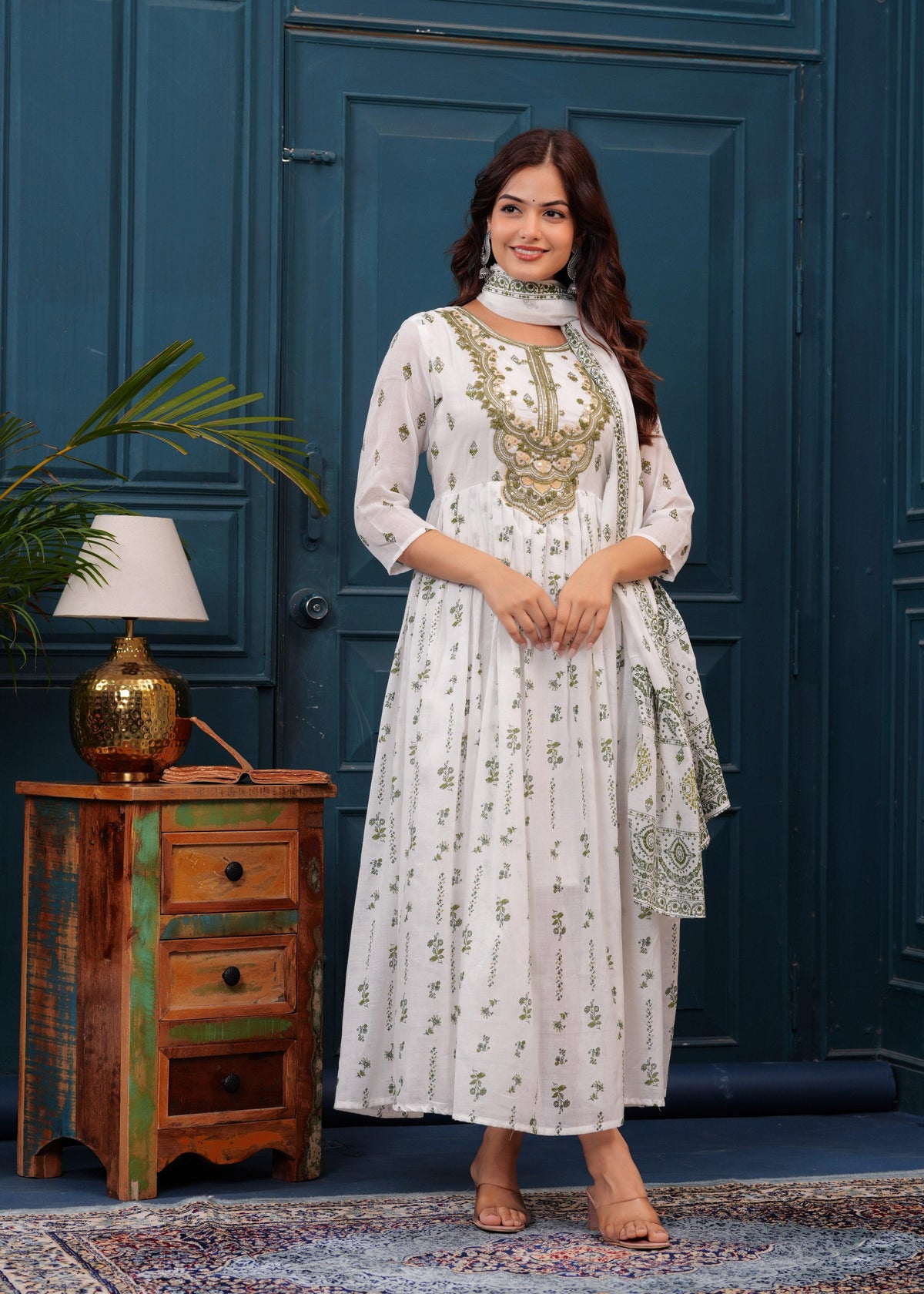 White Green Embroidered Mulmul Anarkali Gown with Dupatta