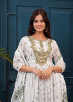 White Green Embroidered Mulmul Anarkali Gown with Dupatta