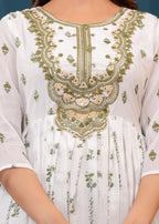 White Green Embroidered Mulmul Anarkali Gown with Dupatta