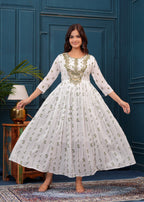White Green Embroidered Mulmul Anarkali Gown with Dupatta