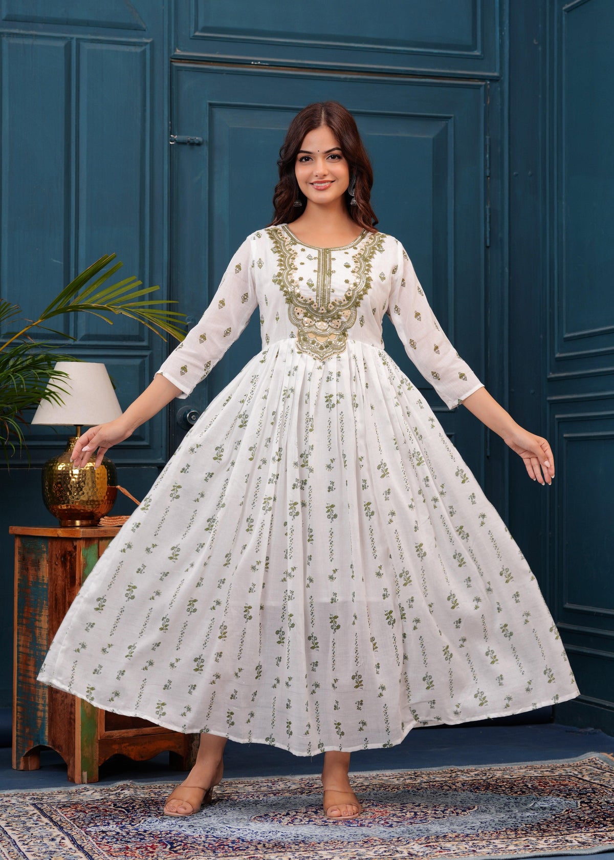 White Green Embroidered Mulmul Anarkali Gown with Dupatta