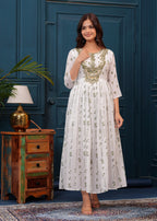 White Green Embroidered Mulmul Anarkali Gown with Dupatta