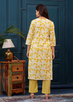 Corn Yellow Floral Printed Embroidered Cotton Kurta and Pant Set with Mulmul Dupatta