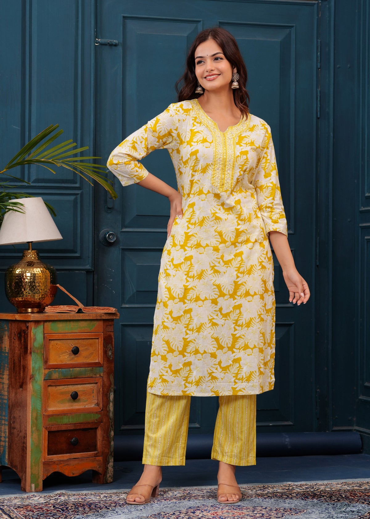 Corn Yellow Floral Printed Embroidered Cotton Kurta and Pant Set with Mulmul Dupatta