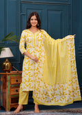 Corn Yellow Floral Printed Embroidered Cotton Kurta and Pant Set with Mulmul Dupatta