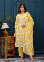 Corn Yellow Floral Printed Embroidered Cotton Kurta and Pant Set with Mulmul Dupatta