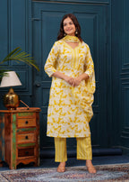 Corn Yellow Floral Printed Embroidered Cotton Kurta and Pant Set with Mulmul Dupatta