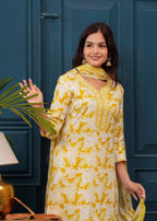 Corn Yellow Floral Printed Embroidered Cotton Kurta and Pant Set with Mulmul Dupatta
