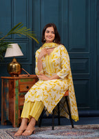 Corn Yellow Floral Printed Embroidered Cotton Kurta and Pant Set with Mulmul Dupatta