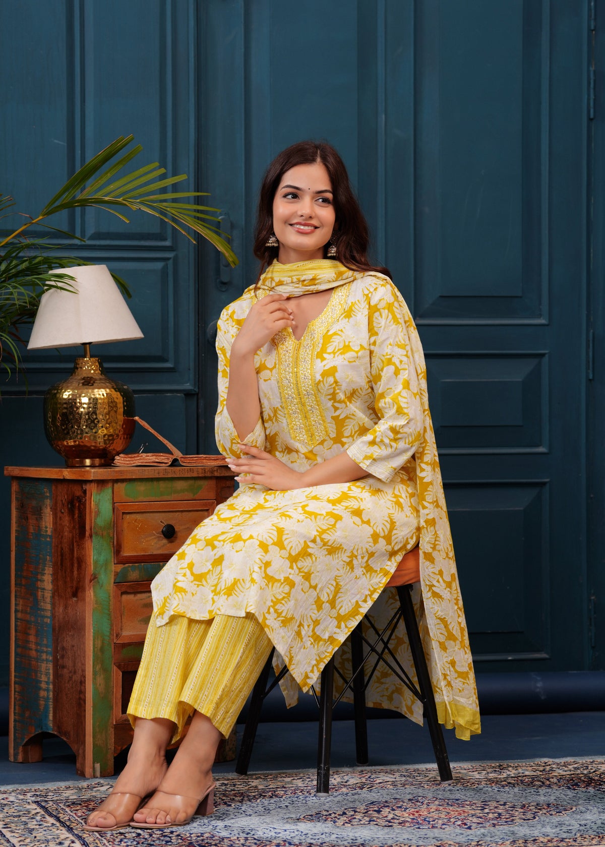Corn Yellow Floral Printed Embroidered Cotton Kurta and Pant Set with Mulmul Dupatta