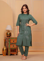 Dark Green Embroidered Printed Rayon Kurta and Pant Set