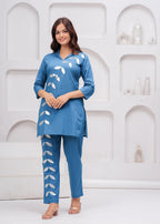 Denim Blue Embellished Cotton Co-Ord Set