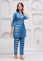 Denim Blue Embellished Cotton Co-Ord Set