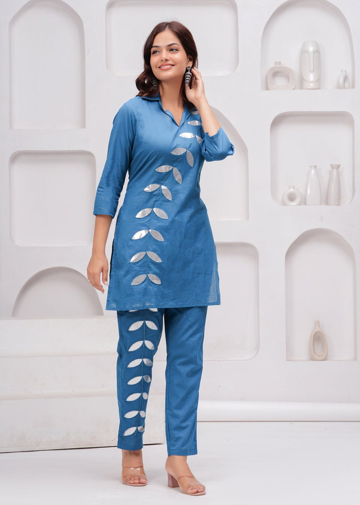 Denim Blue Embellished Cotton Co-Ord Set
