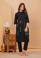 Black Embroidered Rayon Kurta and Pant Set