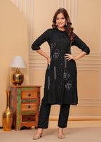 Black Embroidered Rayon Kurta and Pant Set