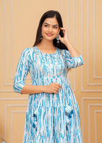 Blue White Tie-Dye Rayon Anarkali Gown