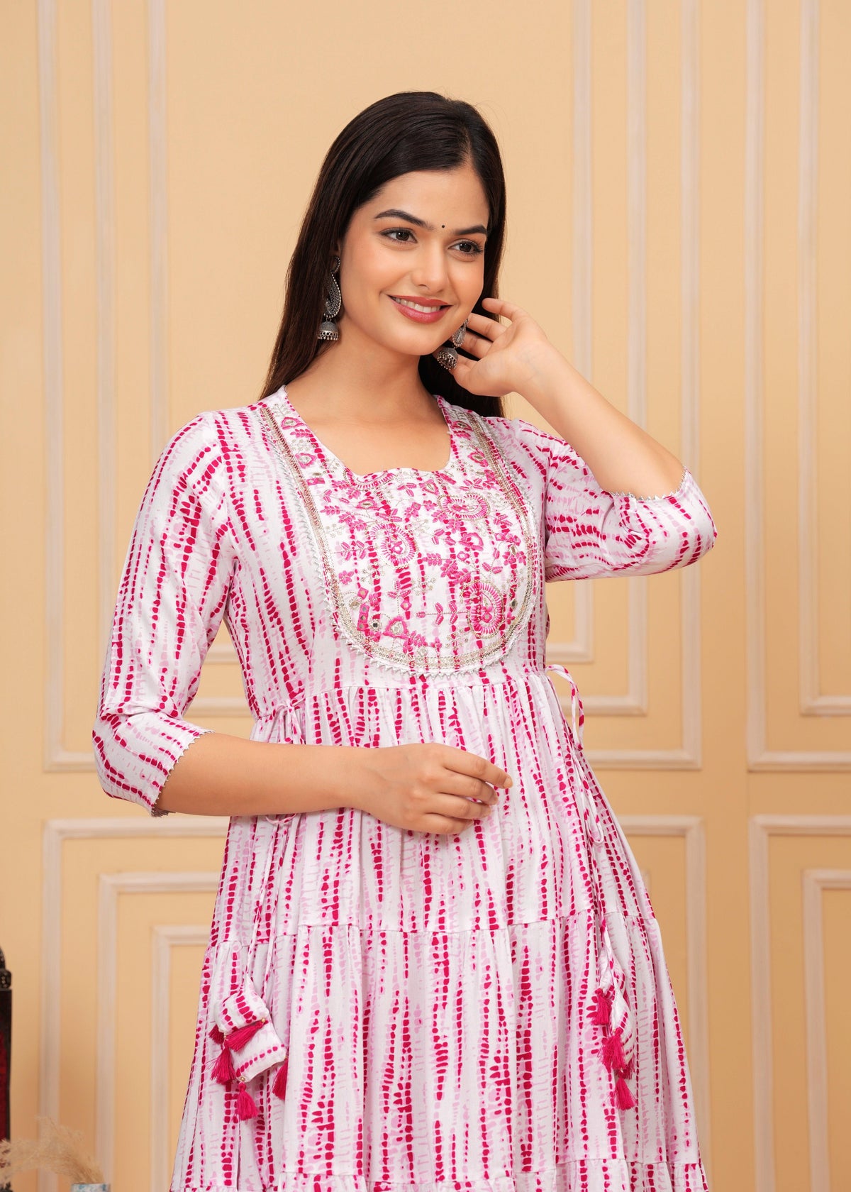 Pink White Tie-Dye Rayon Anarkali Gown