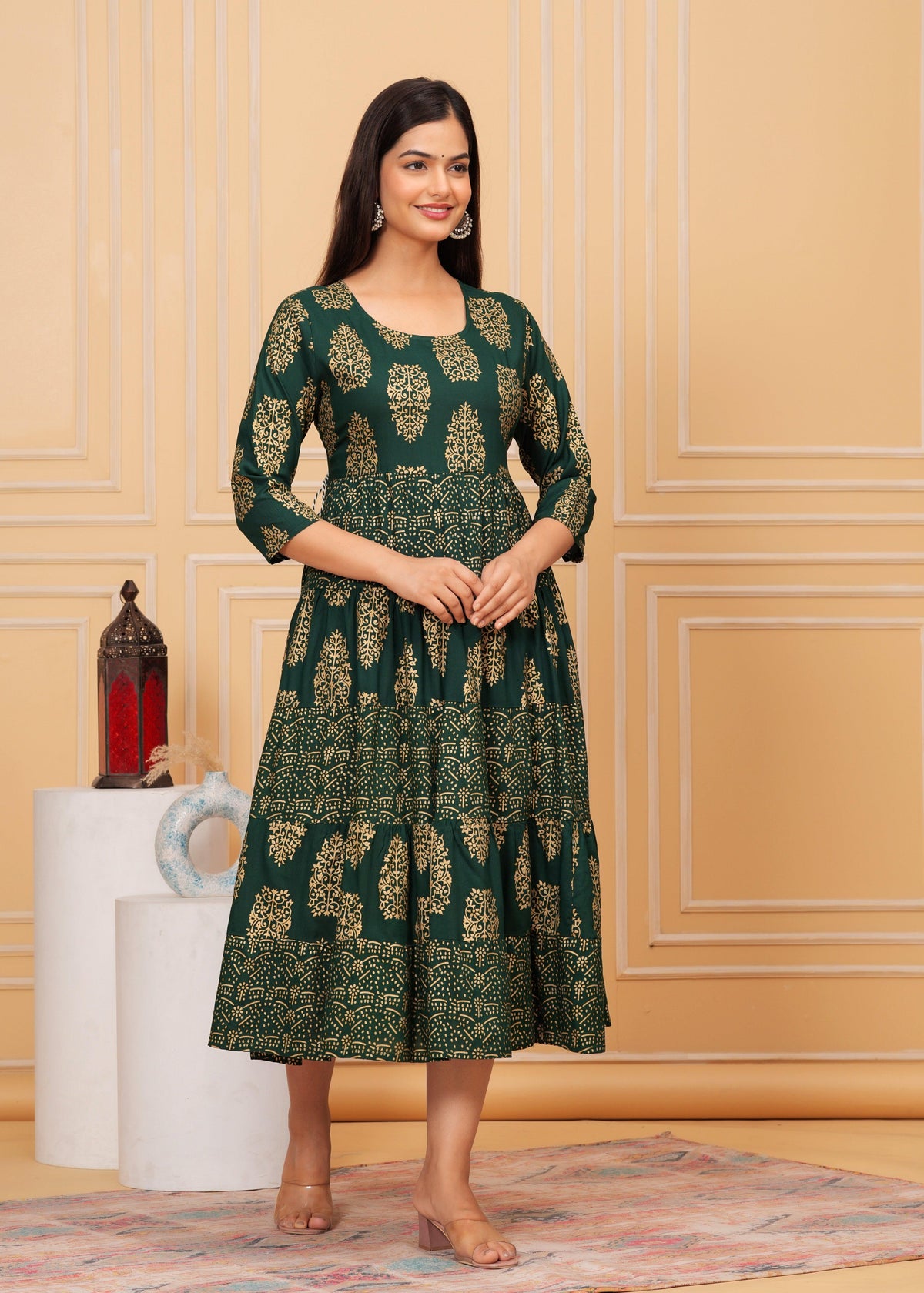 Lunar Green Gold Printed Rayon Anarkali Gown