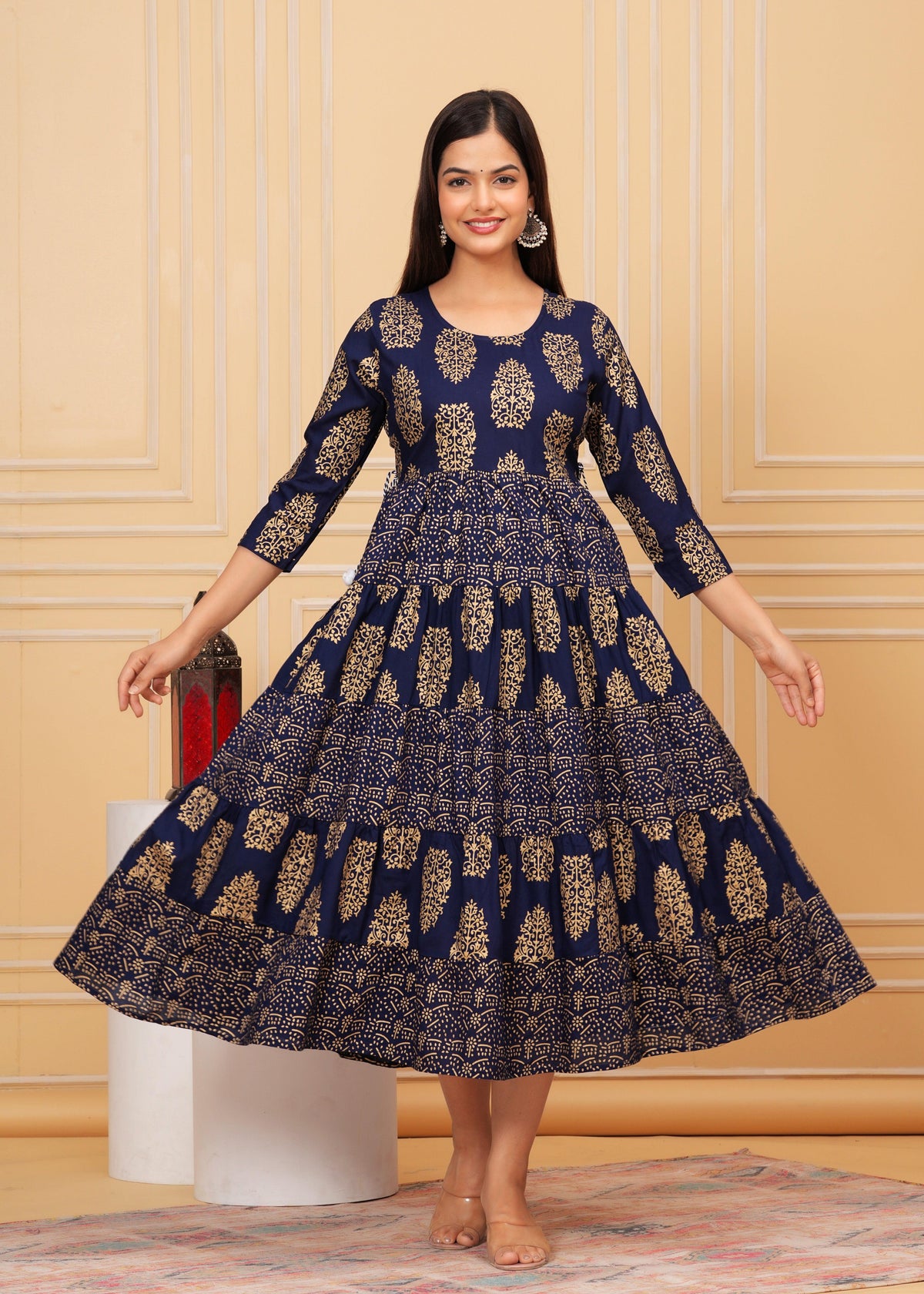 Dark Blue Gold Printed Rayon Anarkali Gown