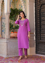 Purple Embroidered Katha Cotton Suit Set with Dupatta