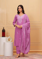 Lavender Embroidered Cotton Suit Set with Printed Mulmul Dupatta