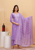 Purple Embroidered Cotton Suit Set with Printed Mulmul Dupatta