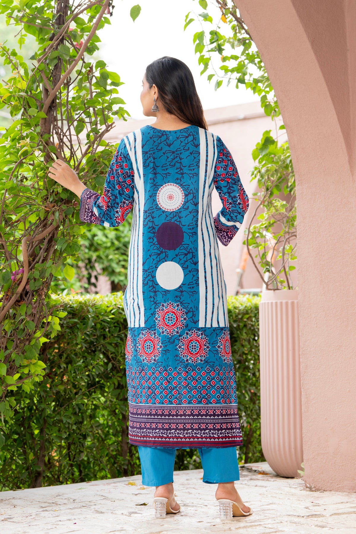 Blue Printed Handwork Cotton Suit Set with Dupatta