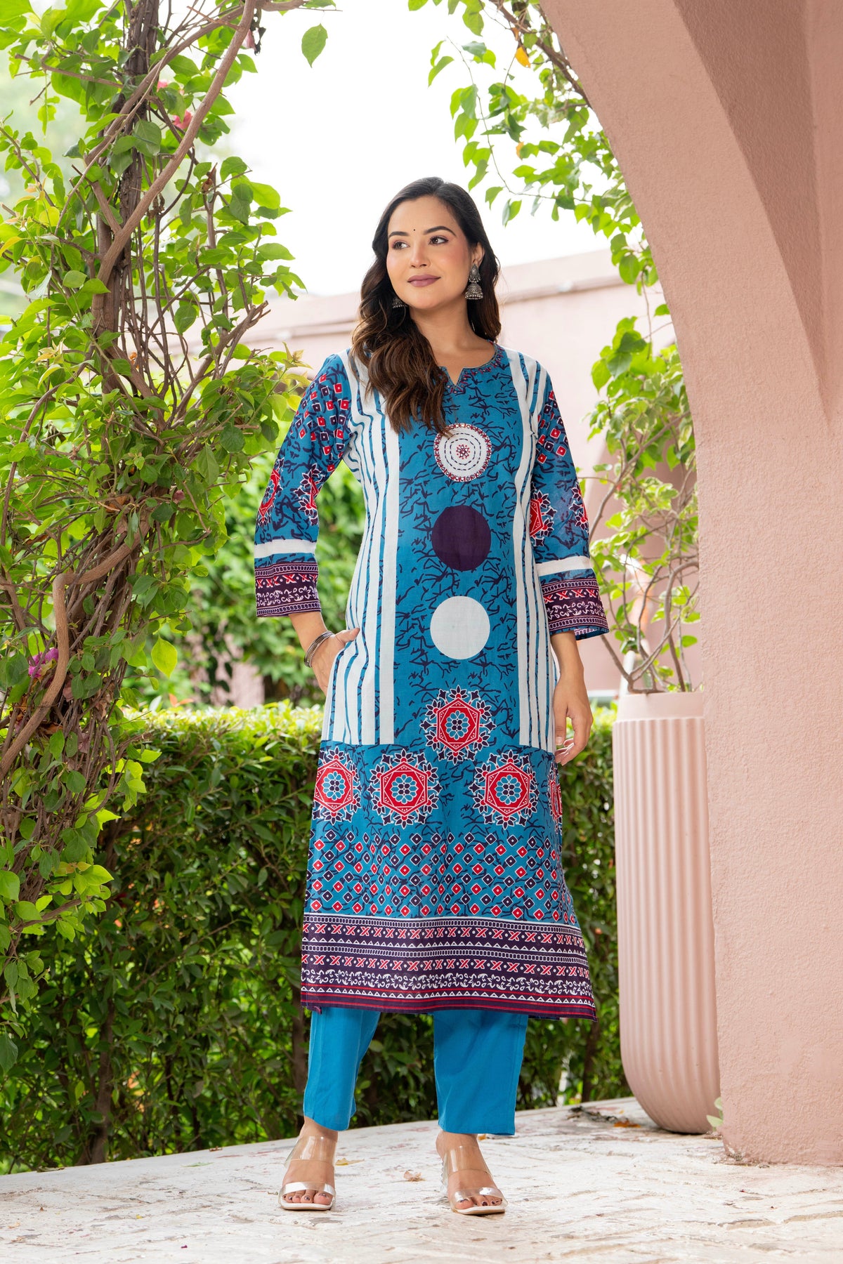 Blue Printed Handwork Cotton Suit Set with Dupatta