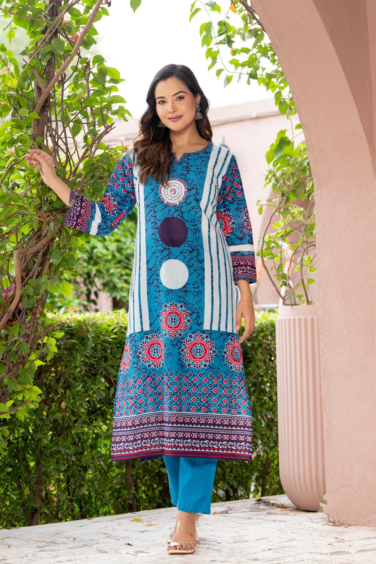 Blue Printed Handwork Cotton Suit Set with Dupatta
