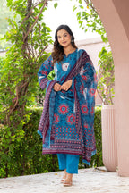 Blue Printed Handwork Cotton Suit Set with Dupatta