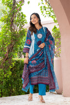 Blue Printed Handwork Cotton Suit Set with Dupatta
