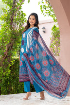 Blue Printed Handwork Cotton Suit Set with Dupatta