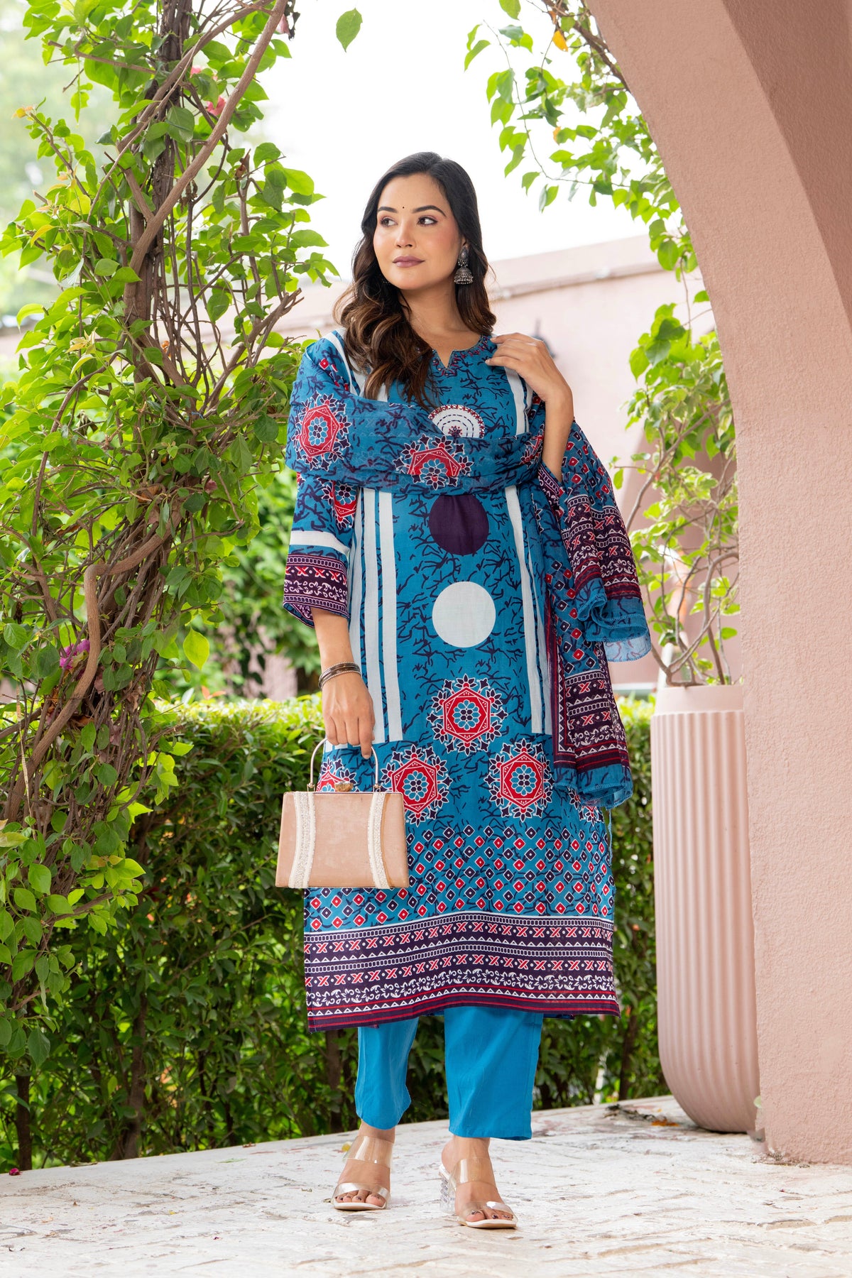 Blue Printed Handwork Cotton Suit Set with Dupatta
