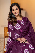 Wine Berry Printed Handwork Suit Set with Dupatta