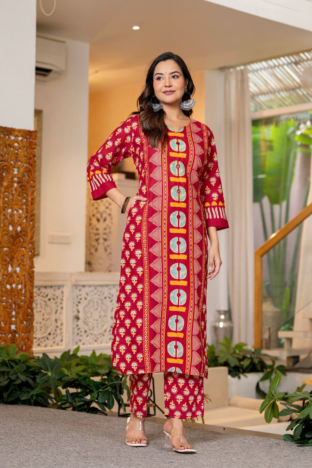 Red Printed Handwork Cotton Suit Set with Dupatta