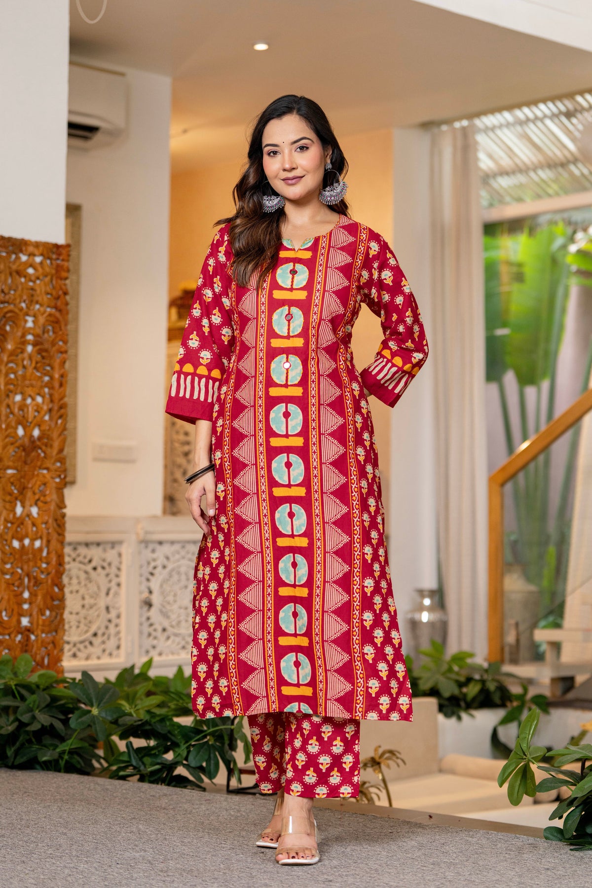 Red Printed Handwork Cotton Suit Set with Dupatta