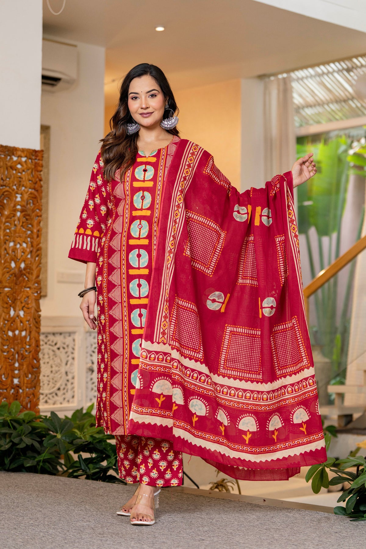 Red Printed Handwork Cotton Suit Set with Dupatta
