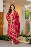 Red Printed Handwork Cotton Suit Set with Dupatta